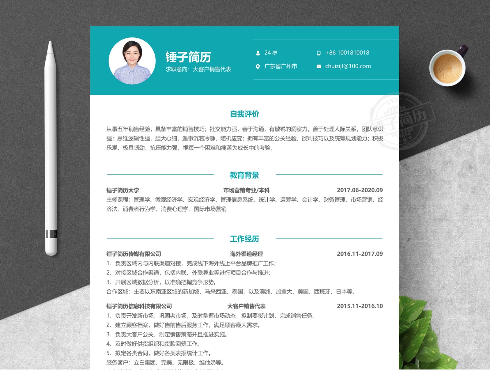 绿白色简约市场营销中文简历 - 模板 - Canva可画