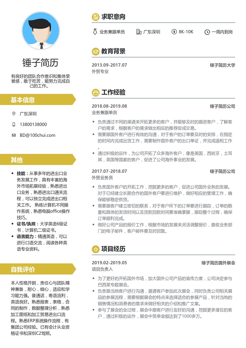 家具外贸跟单员简历模板