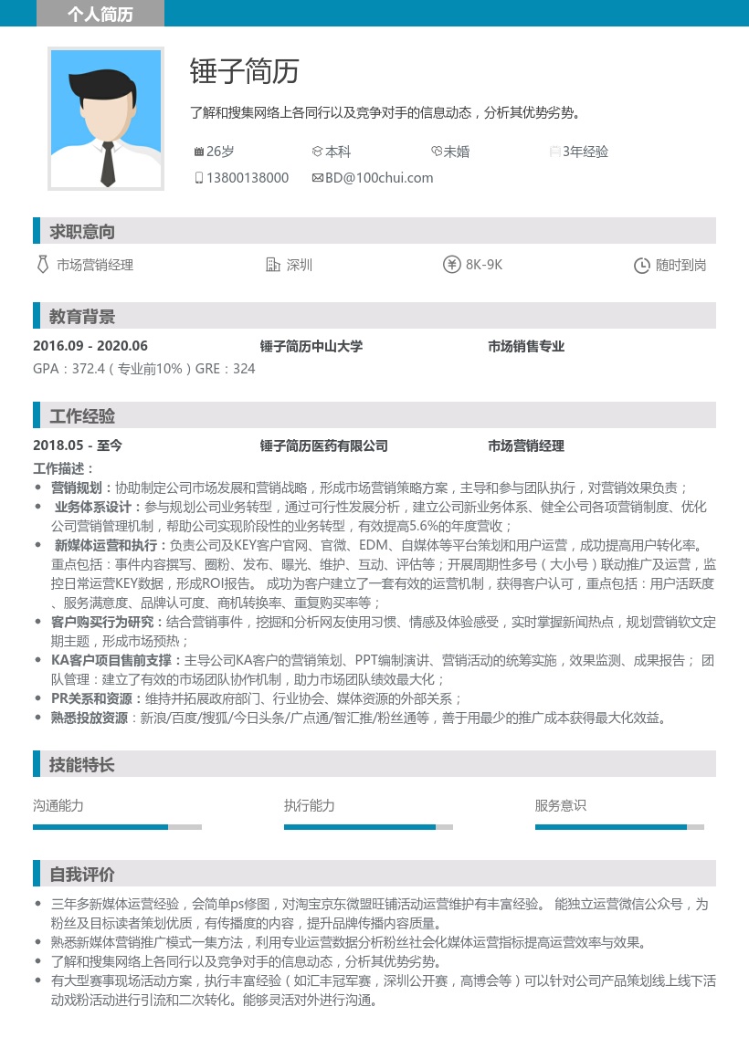 市场营销经理简历