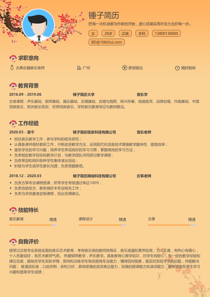 古典乐器音乐老师简历
