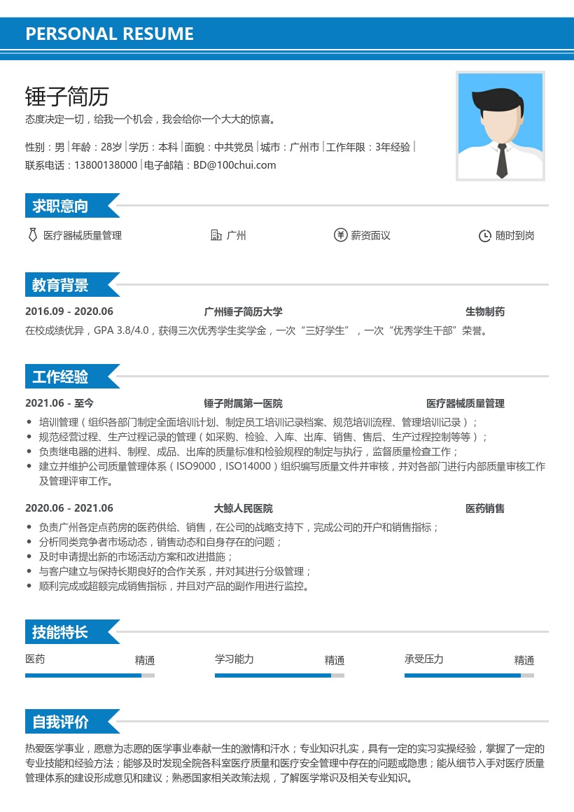 医疗质量管理简历范文