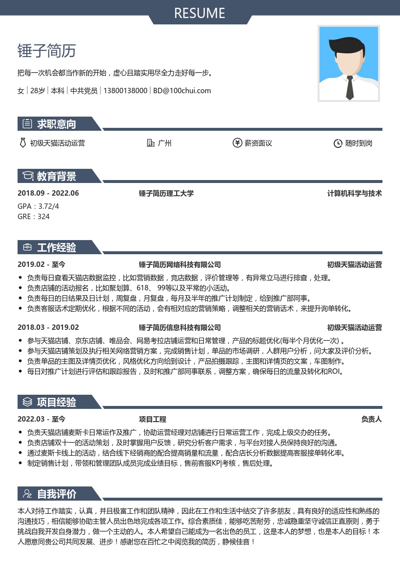 初级天猫活动运营(适合应届生)简历模板