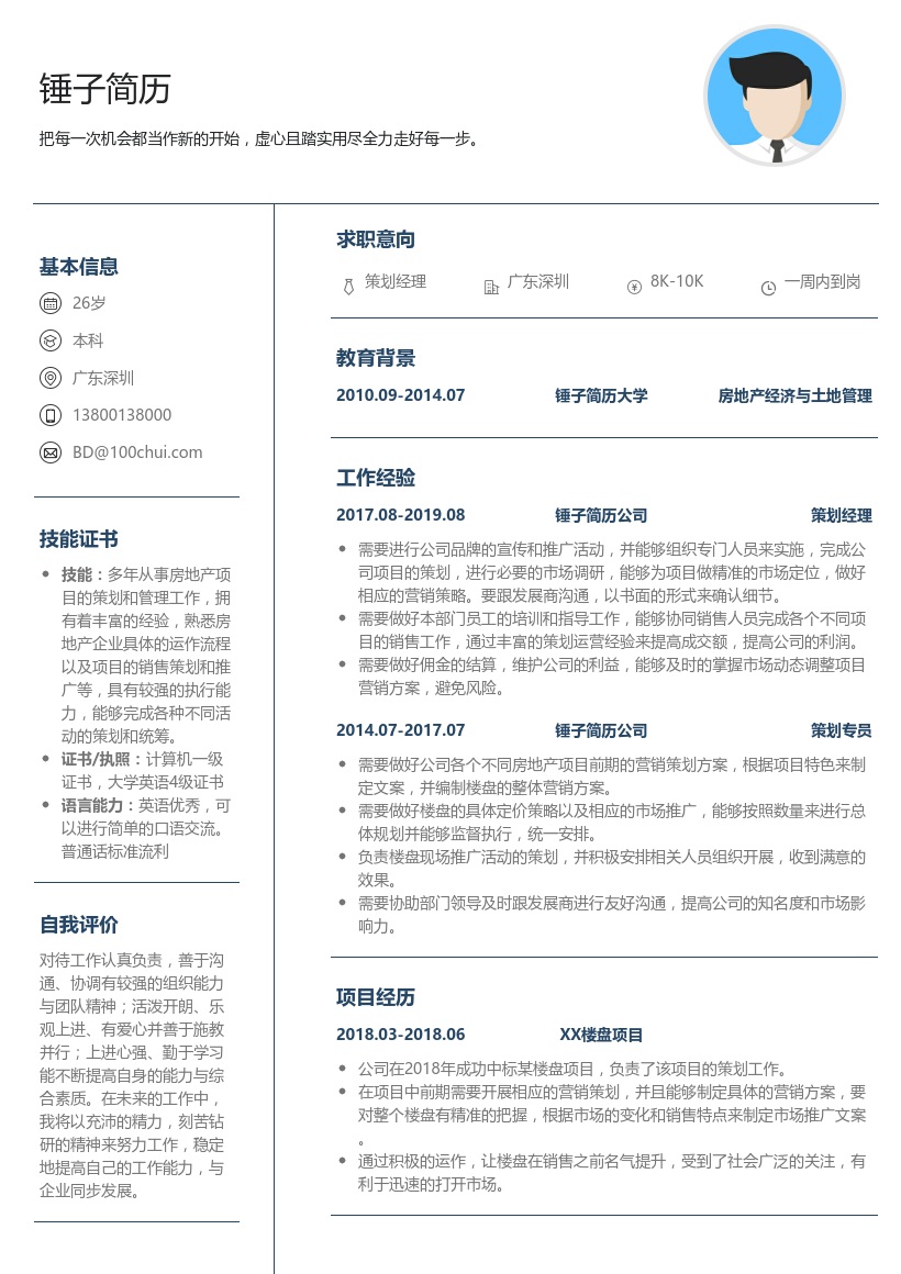 房地产策划经理简历模板