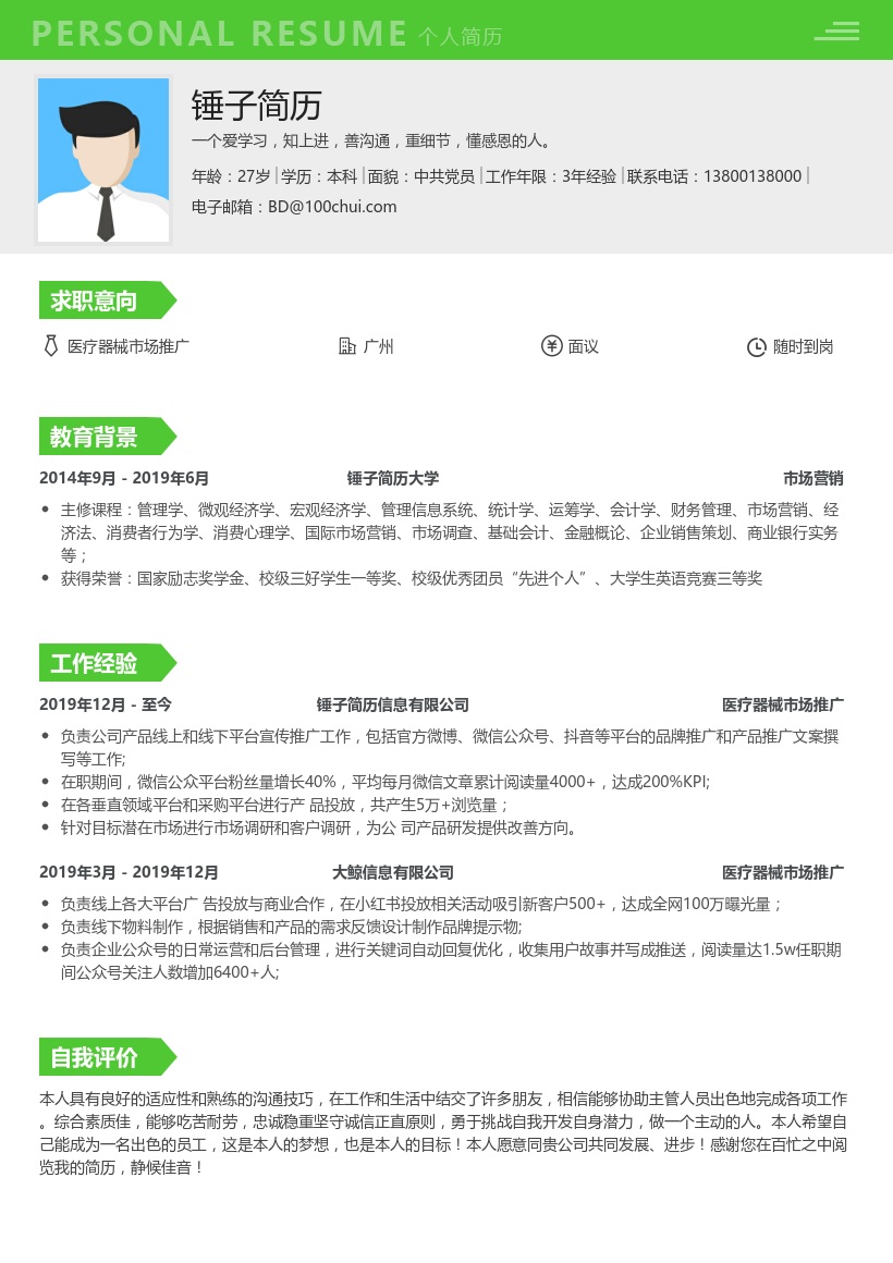 医疗器械市场推广简历模板