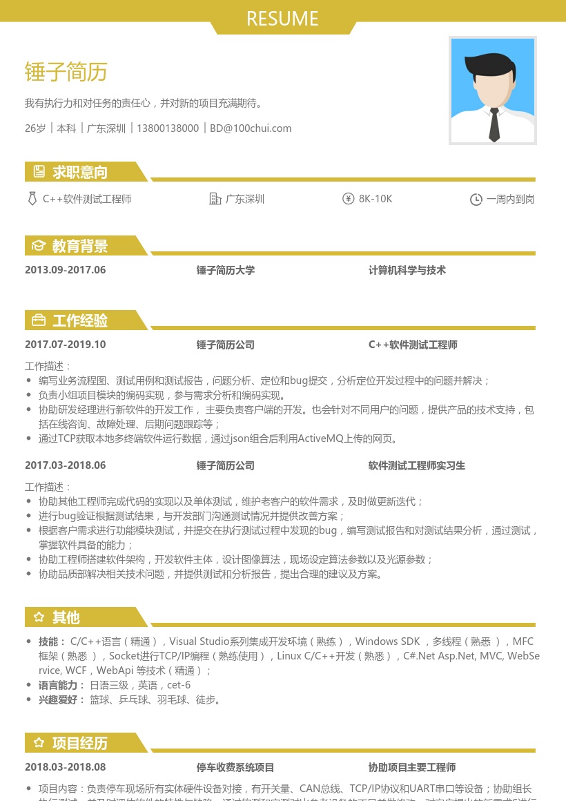 C++软件测试工程师简历模板