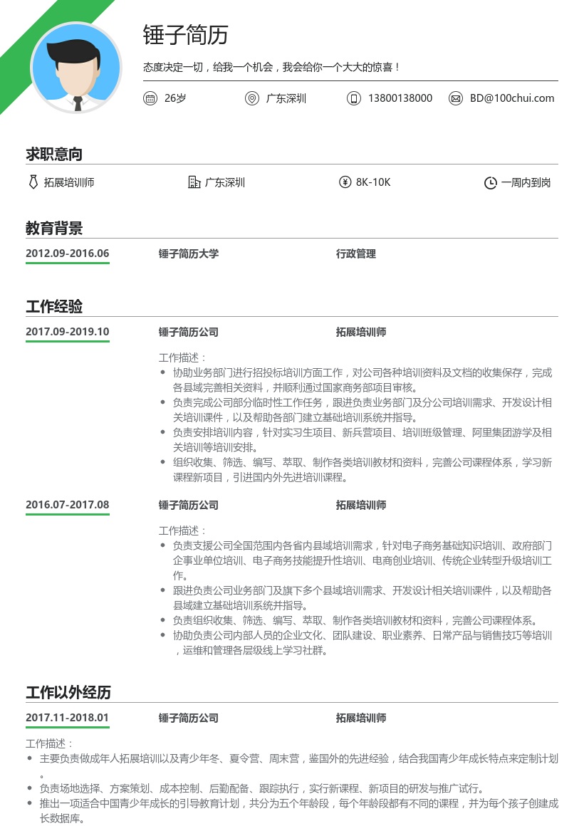 拓展培训师简历模板