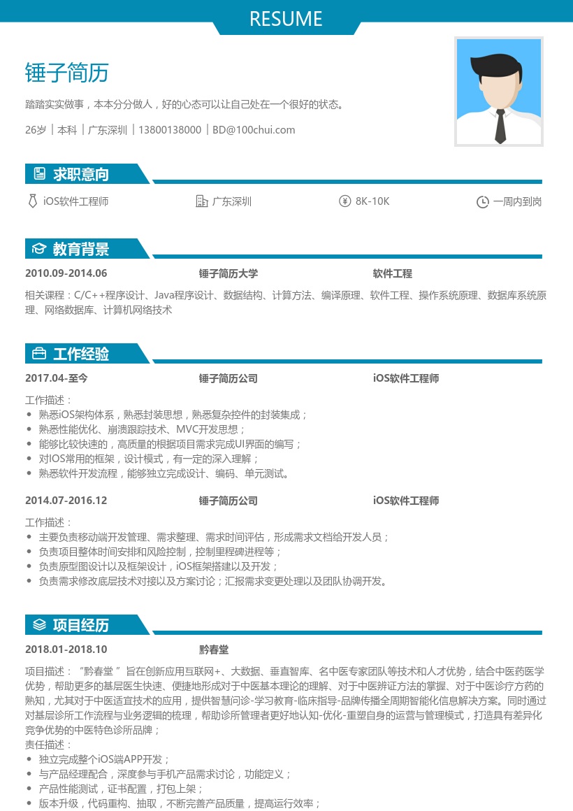 iOS软件工程师简历模板