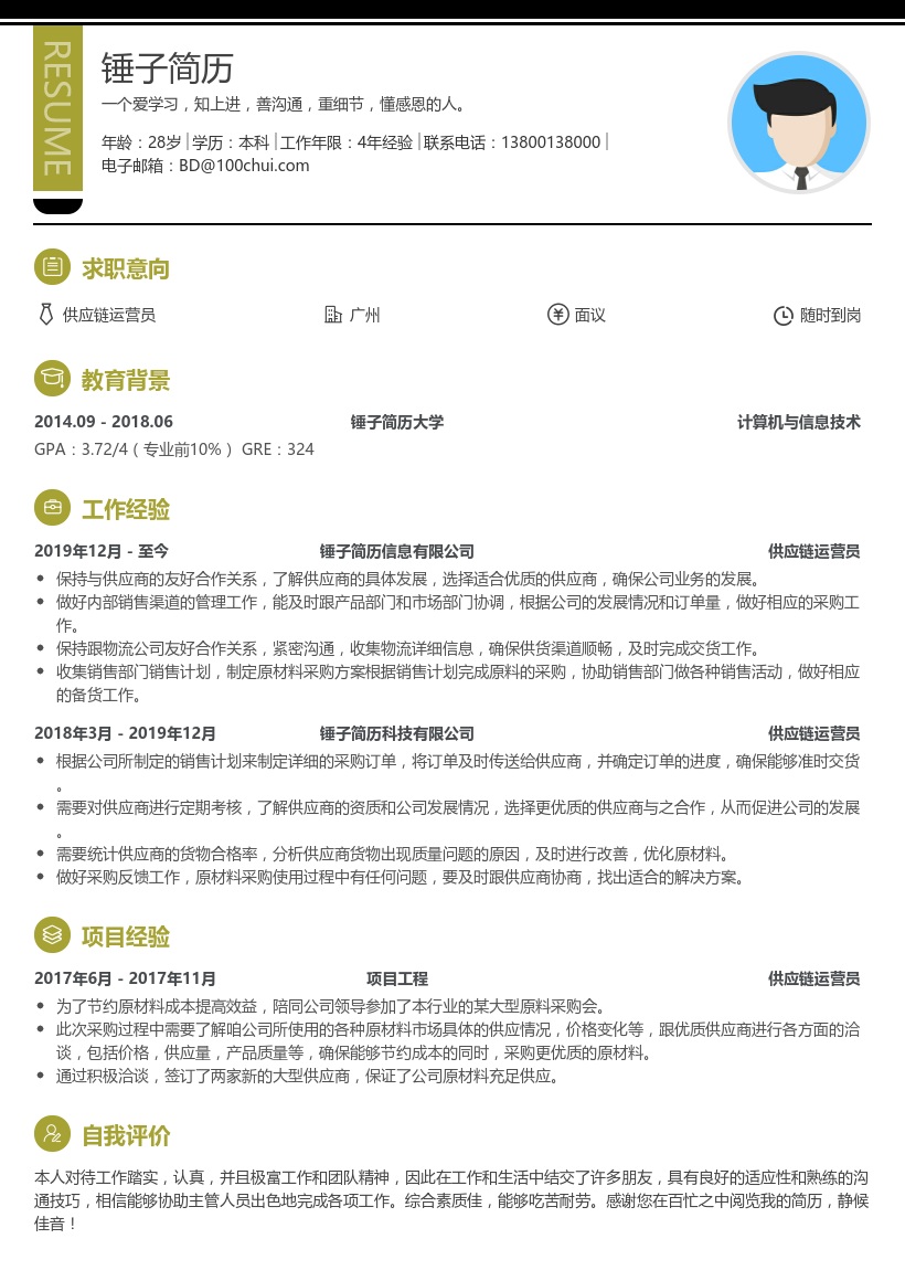 供应链运营员简历