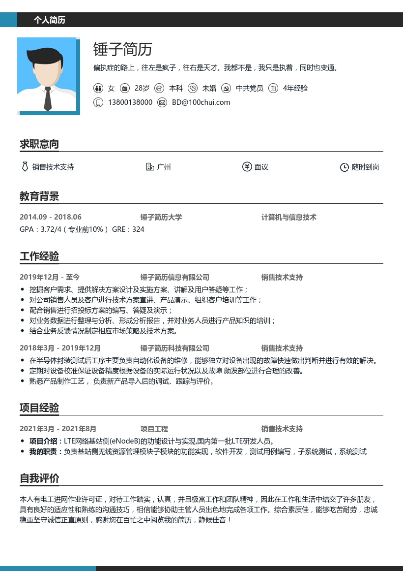 销售技术支持个人简历