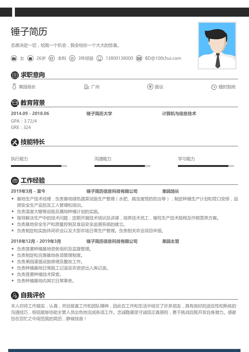 果园园长求职简历模板