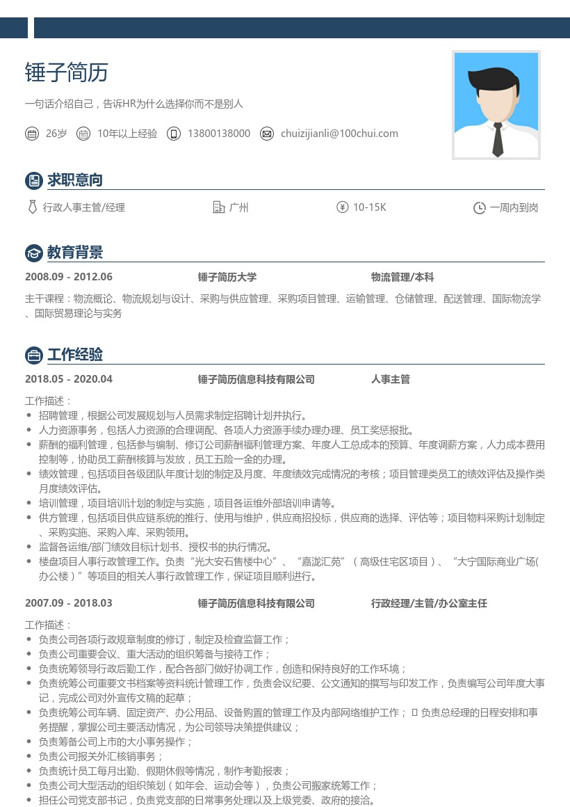 行政人事主管/经理求职简历