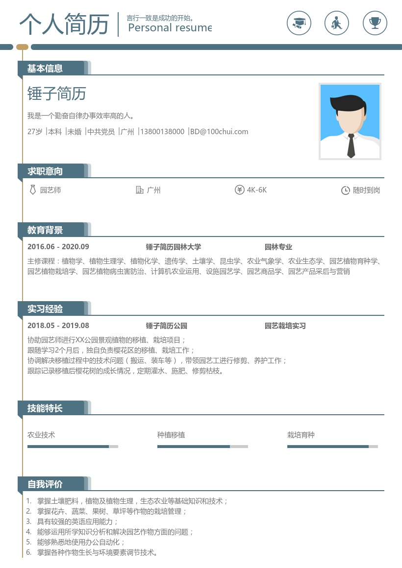 园艺师实习简历