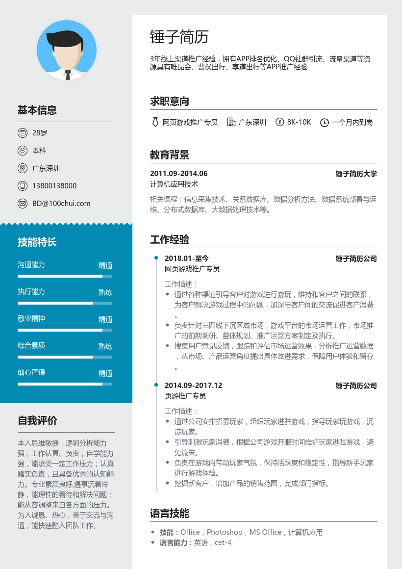 页游推广专员简历模板