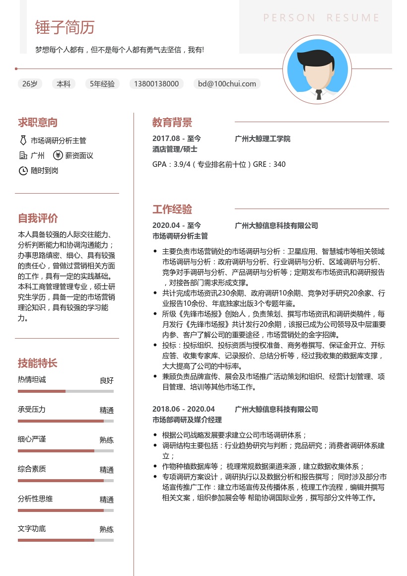 市场调研分析主管简历模板