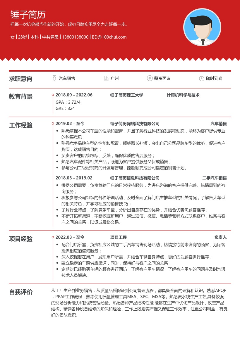 汽车销售简历模板