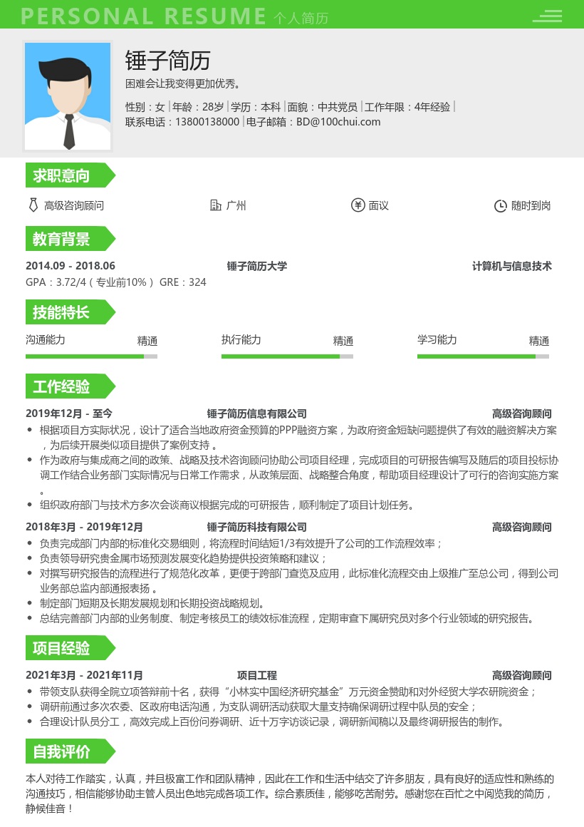 高级咨询顾问简历