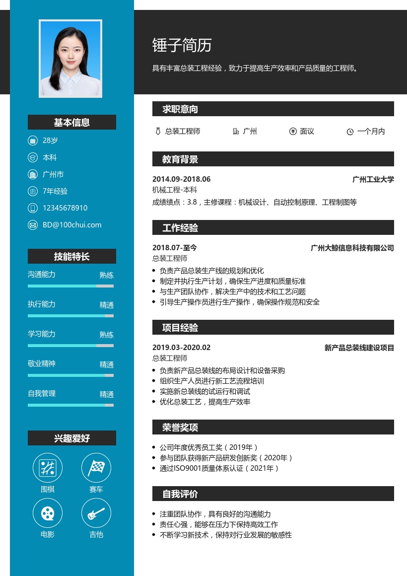 总装工程师简历模板