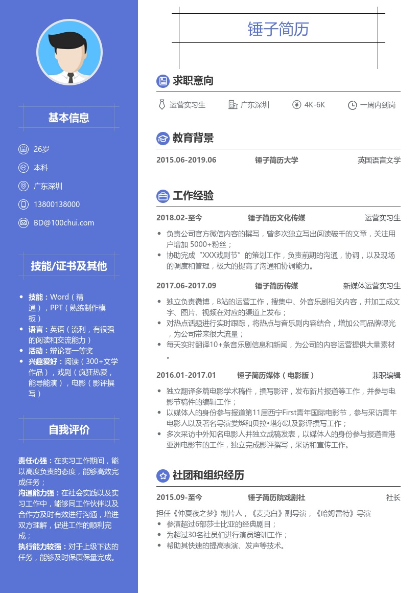大学生简历模板(媒体运营)