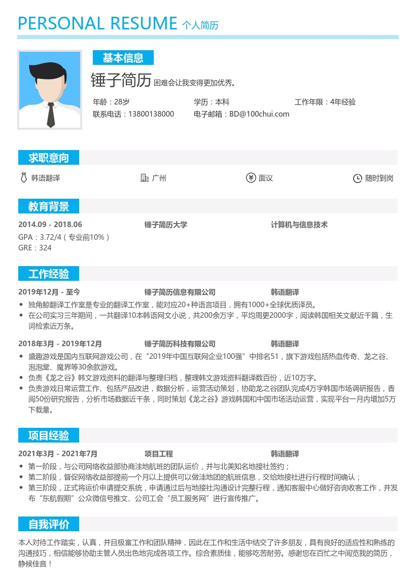 韩语翻译简历