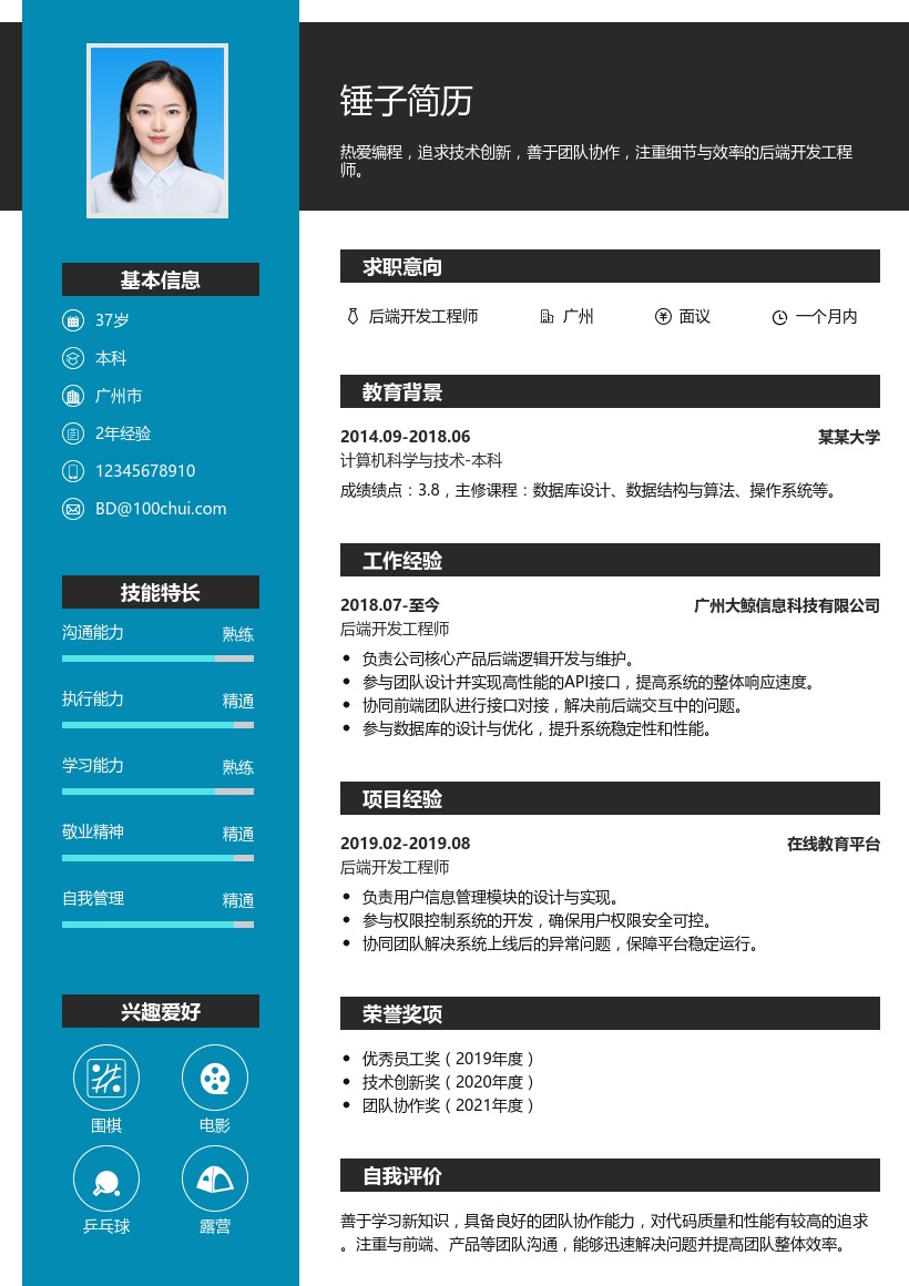 后端开发简历模板