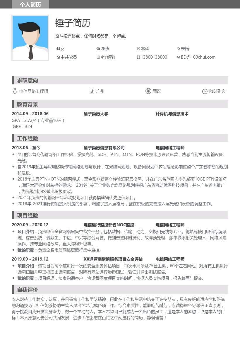 电信网络工程师简历