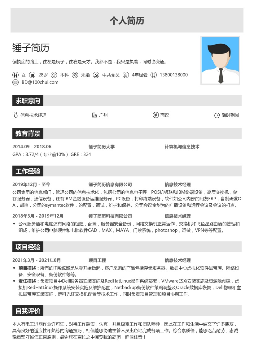 信息技术经理简历