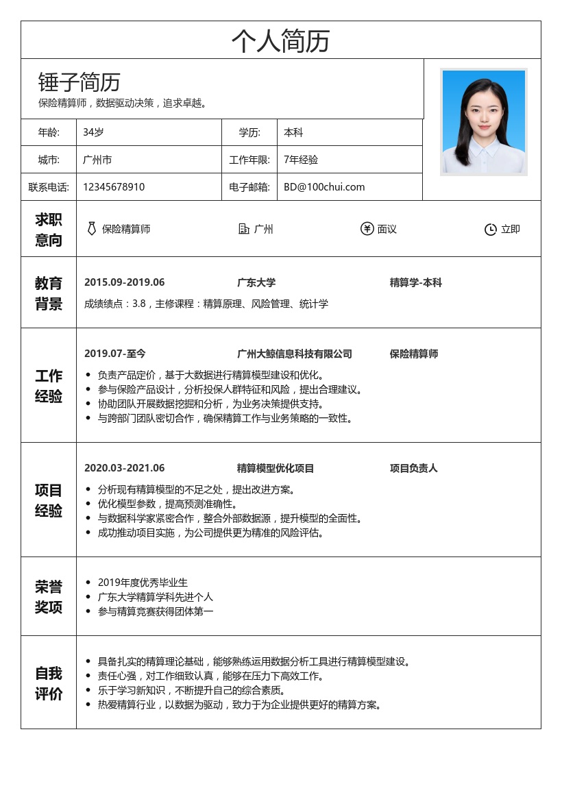 保险精算师简历模板