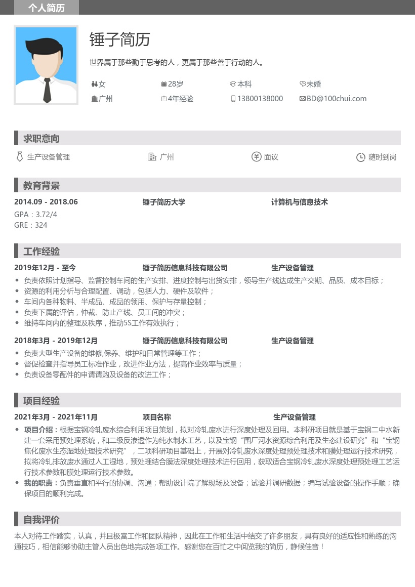生产设备管理求职简历