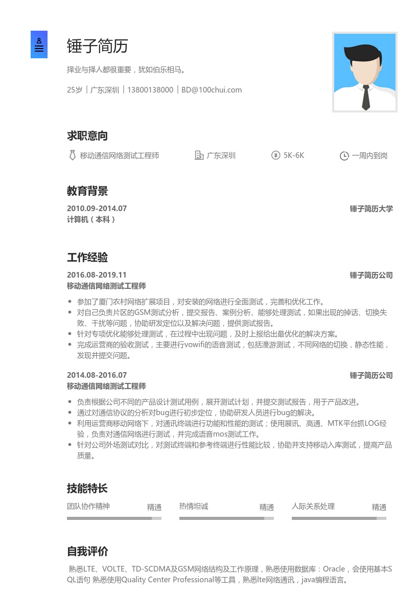 移动通信网络测试工程师简历模板