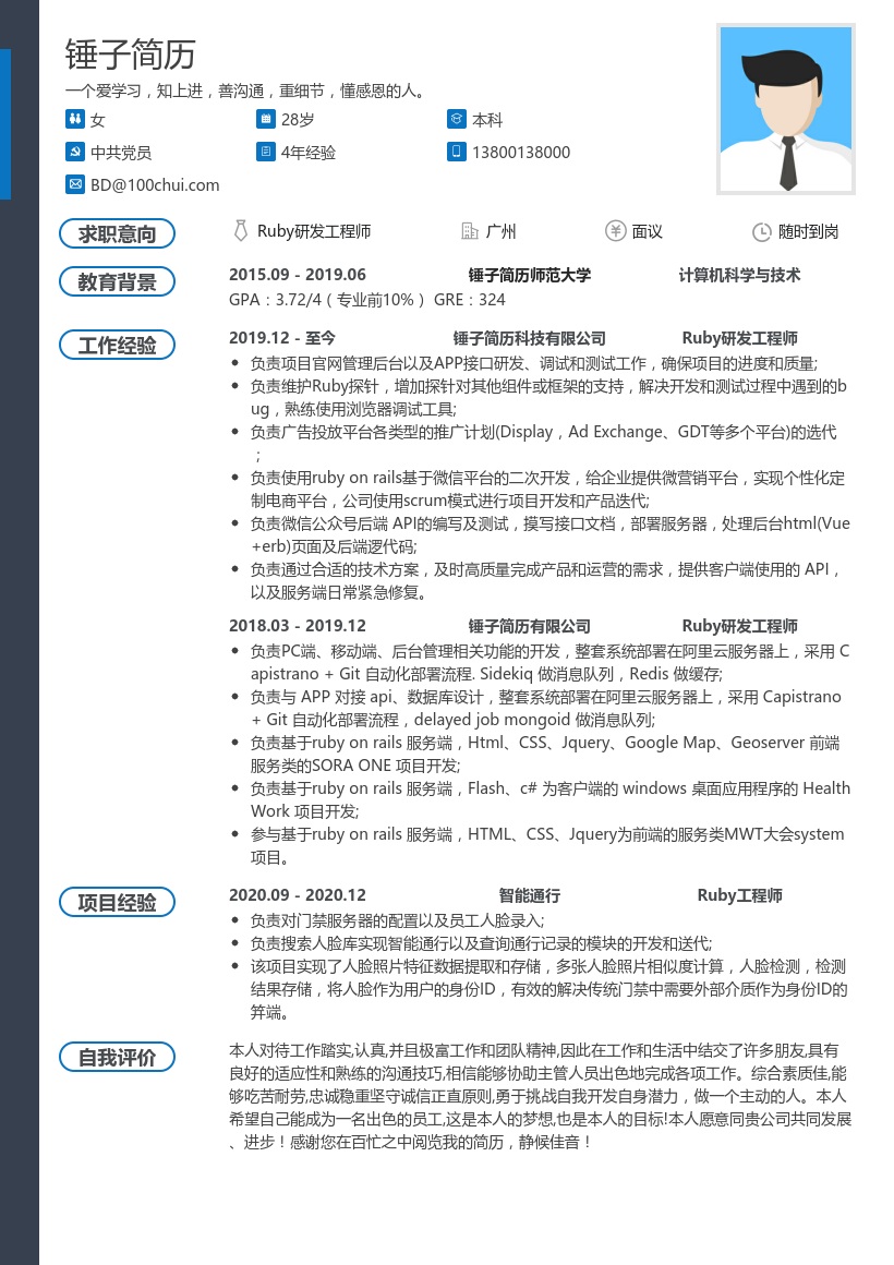 Ruby研发工程师简历模板