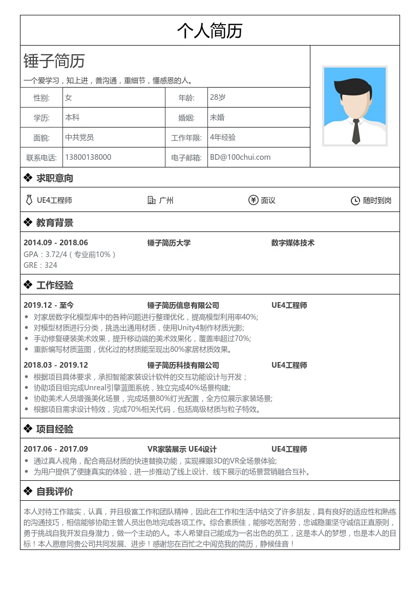 UE4工程师简历模板