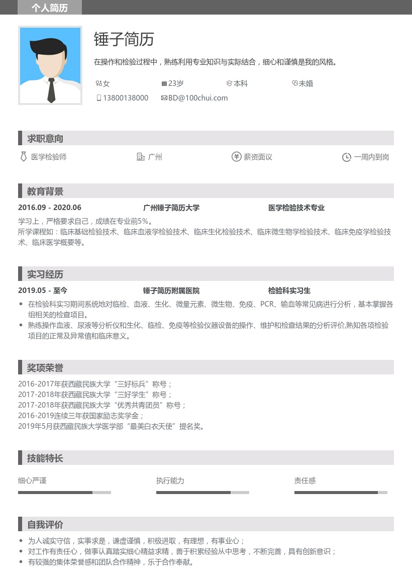 检验师实习求职简历