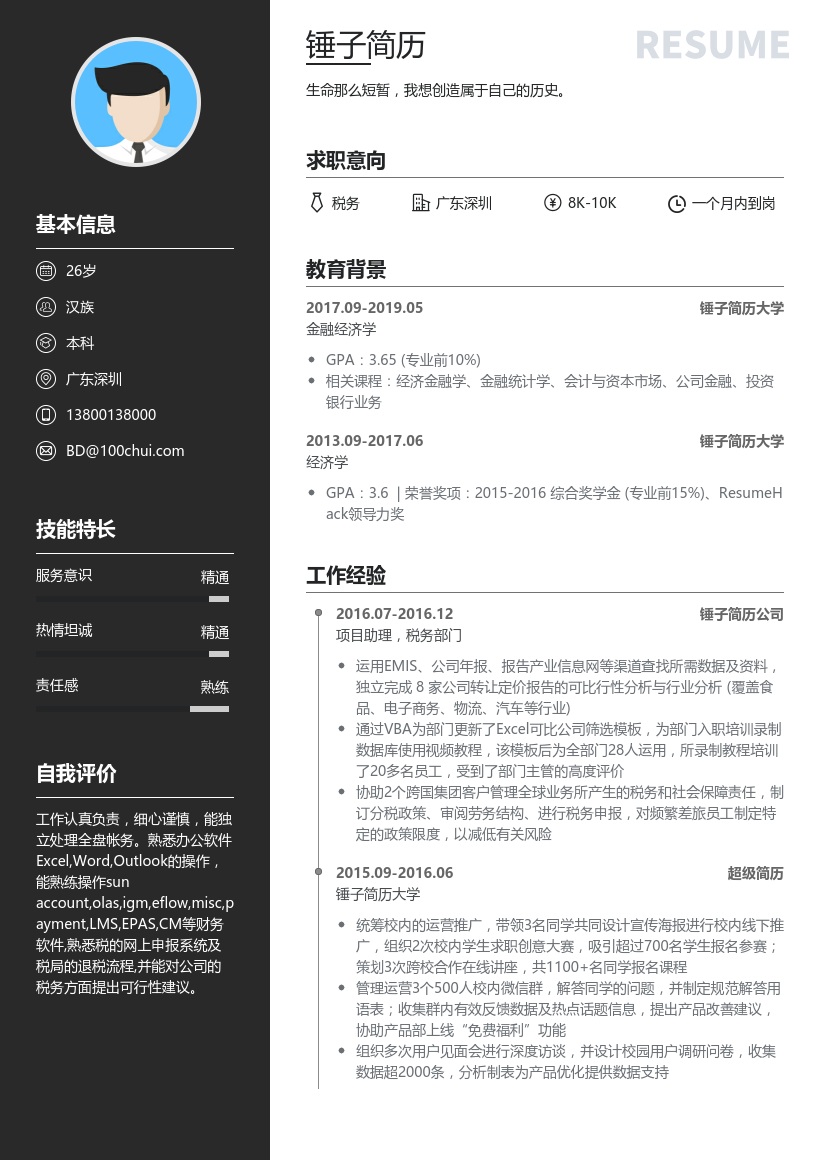 税务部门项目助理简历