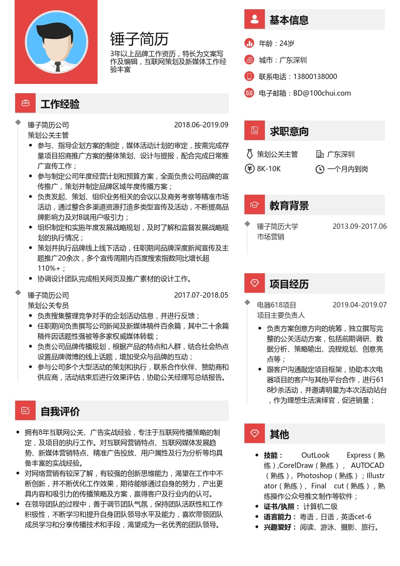 品牌策划公关主管简历模板