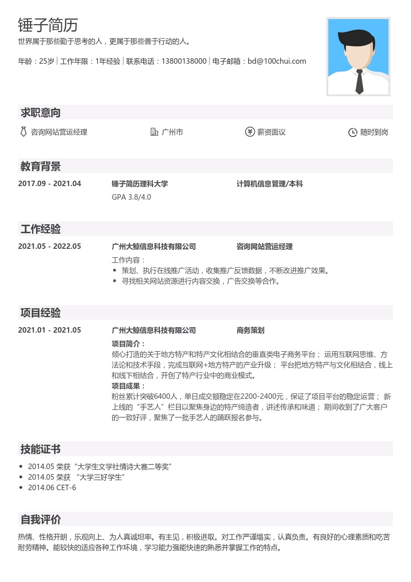 咨询网站营运经理简历