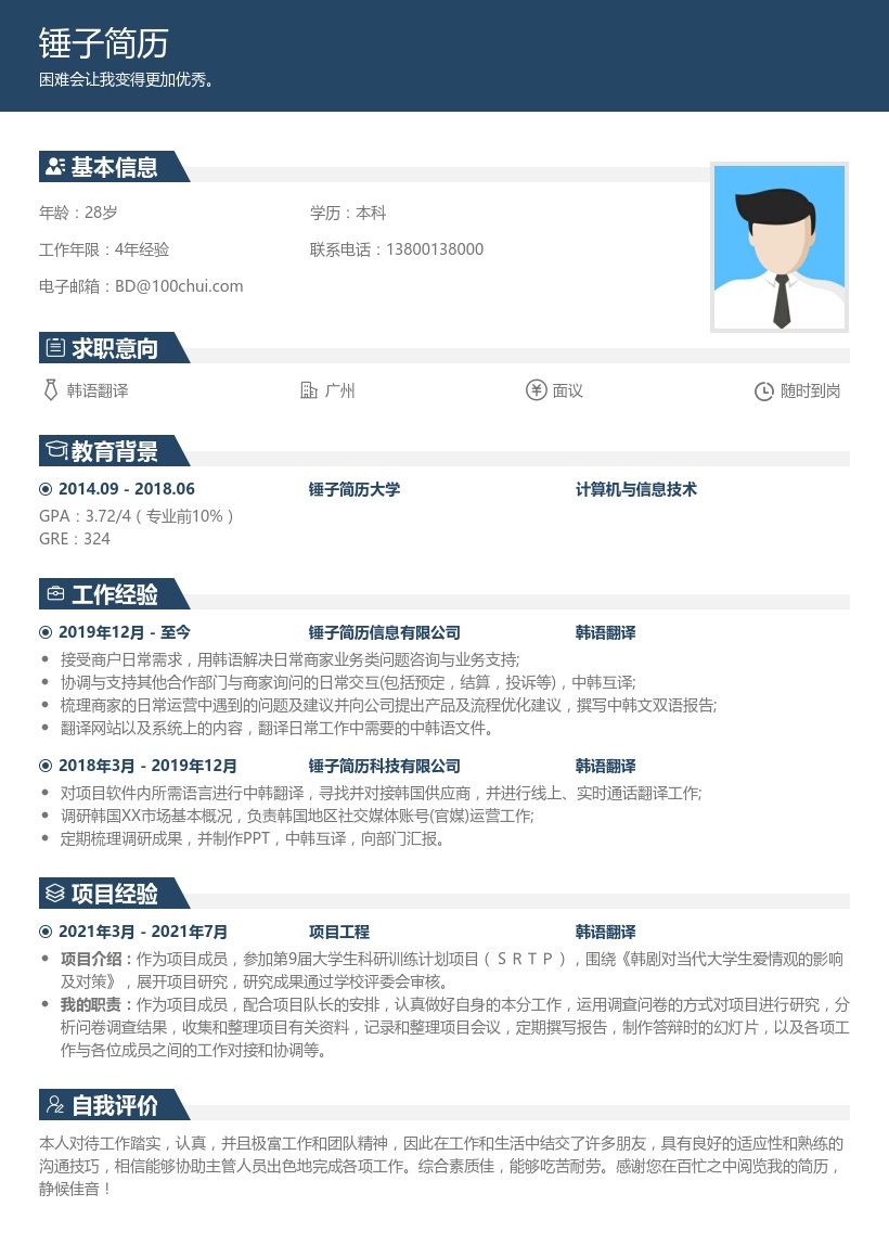 韩语翻译简历模板