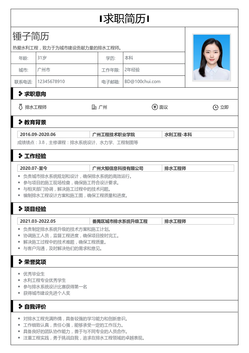 给排水工程师简历模板