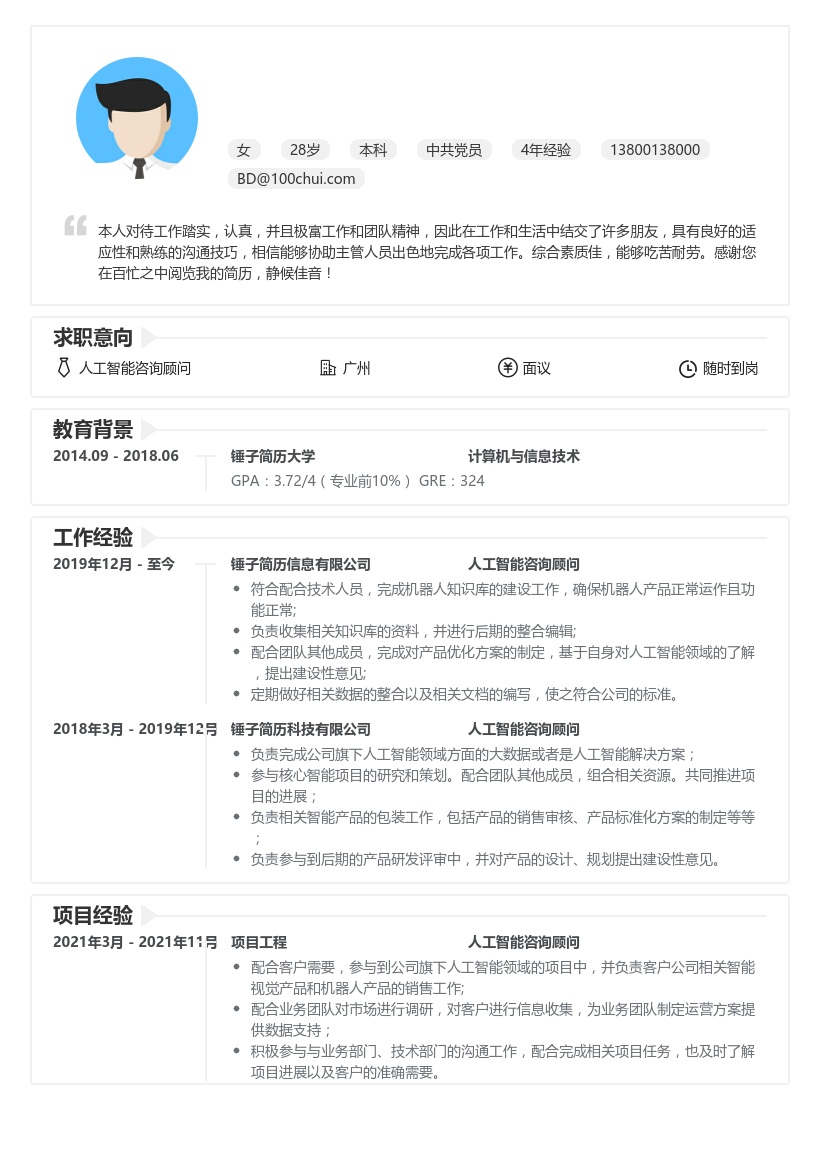 人工智能咨询顾问简历