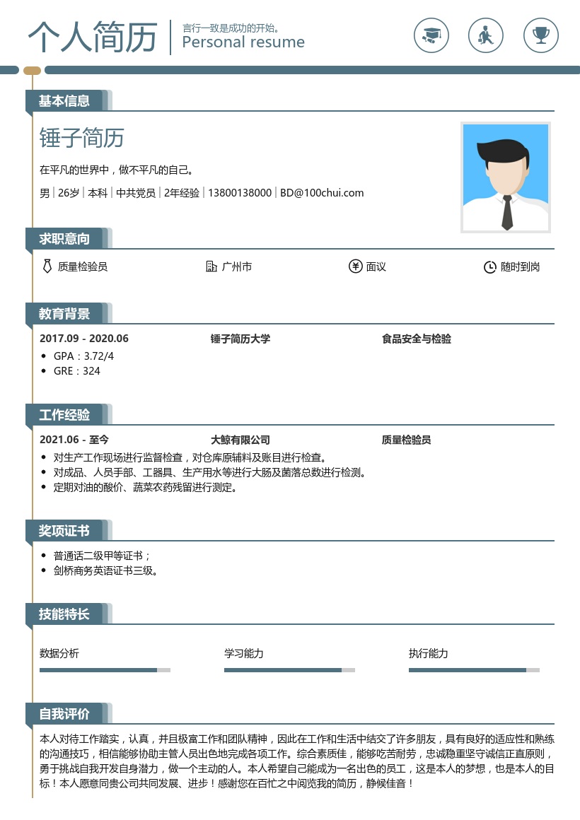 质量检测员简历范文
