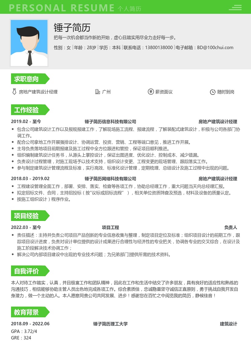 房地产建筑设计经理简历模板