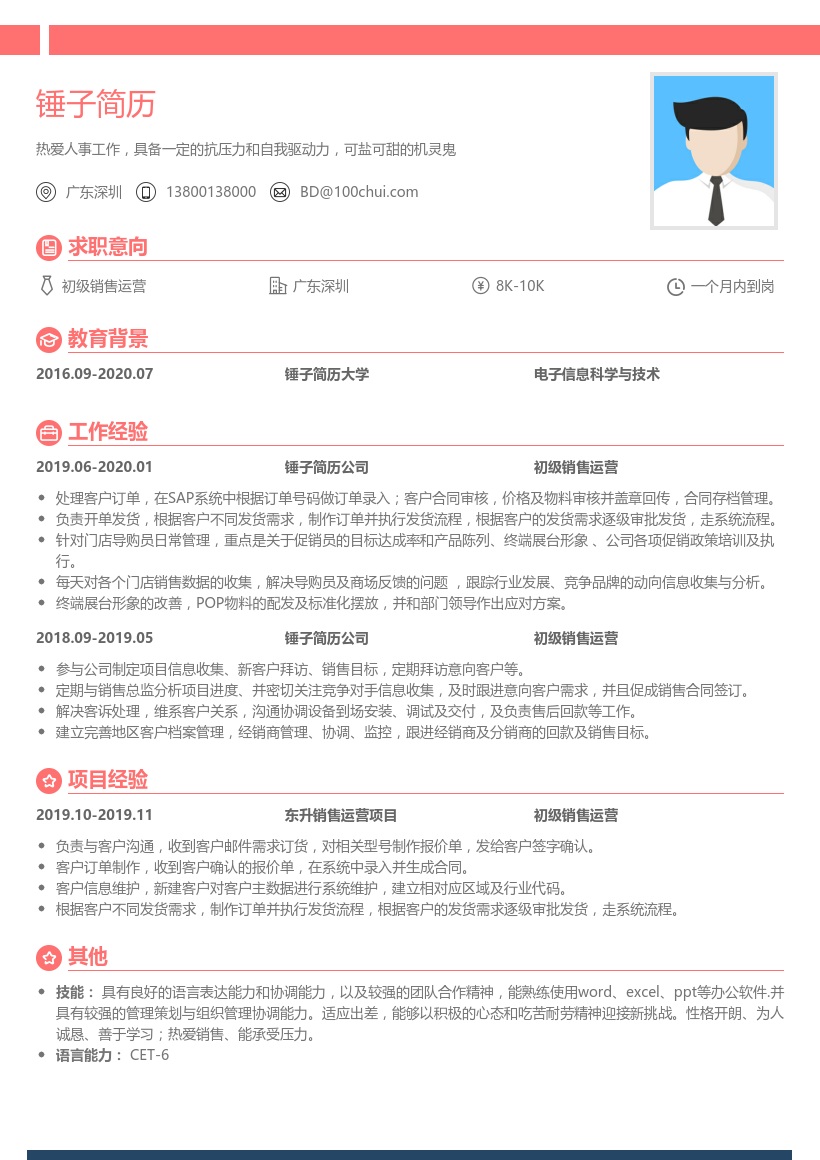 初级销售运营(适合应届生)简历模板