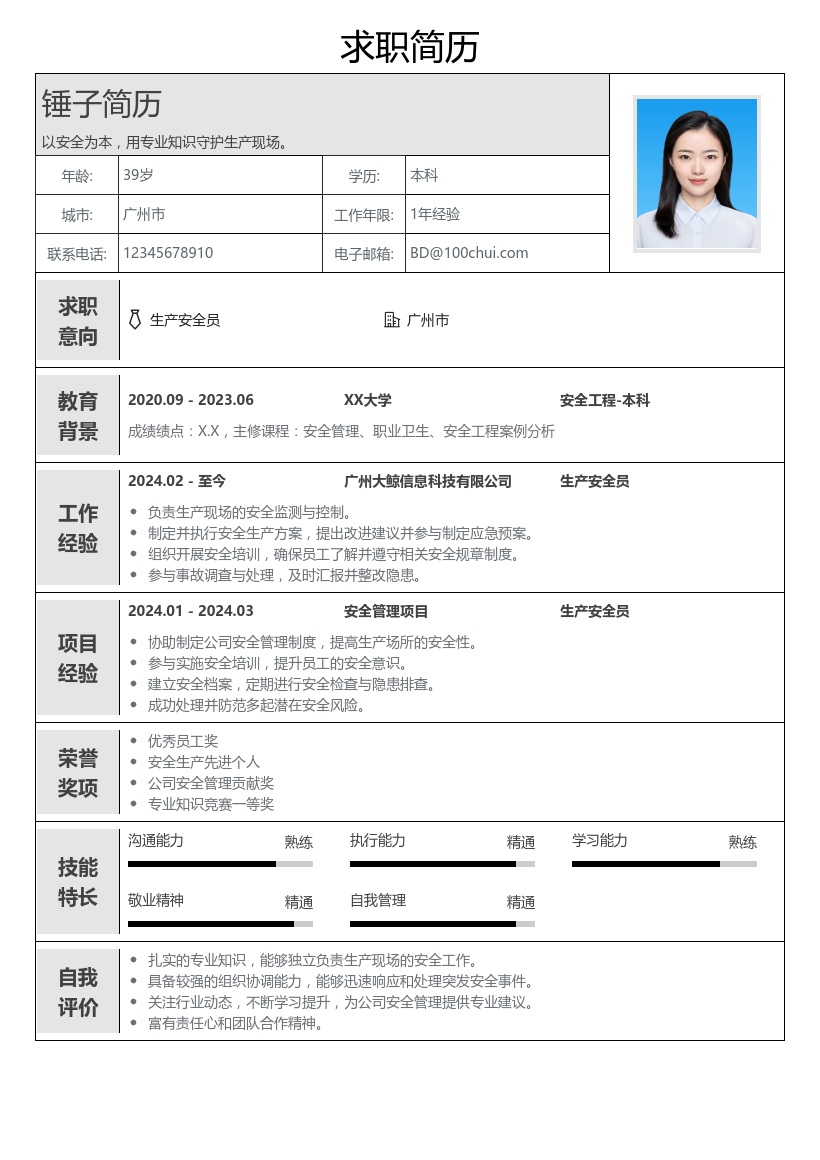 生产安全员简历模板