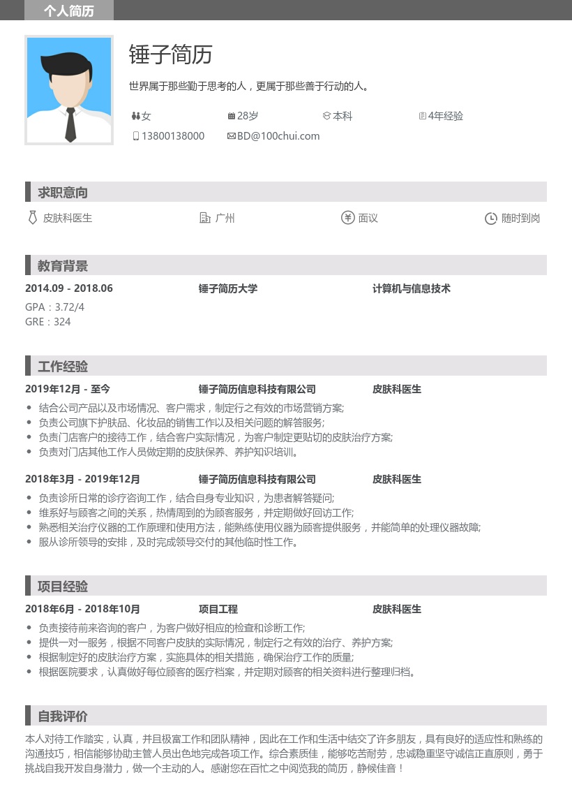 皮肤科医生简历