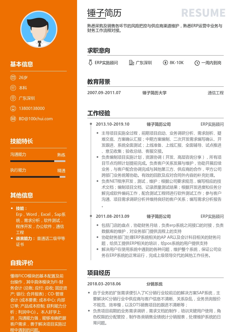 ERP实施顾问简历模板