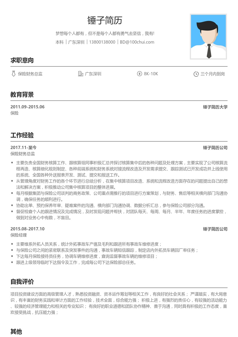保险财务总监简历模板