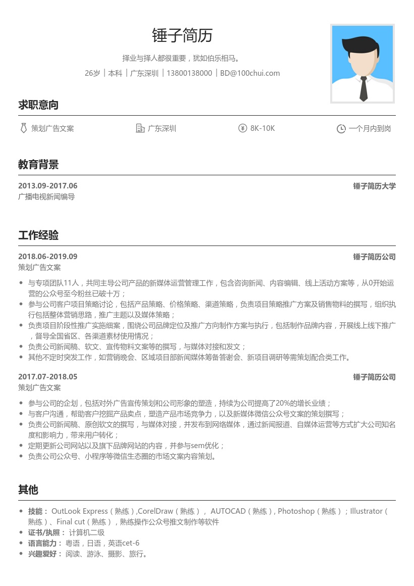 策划广告文案简历模板