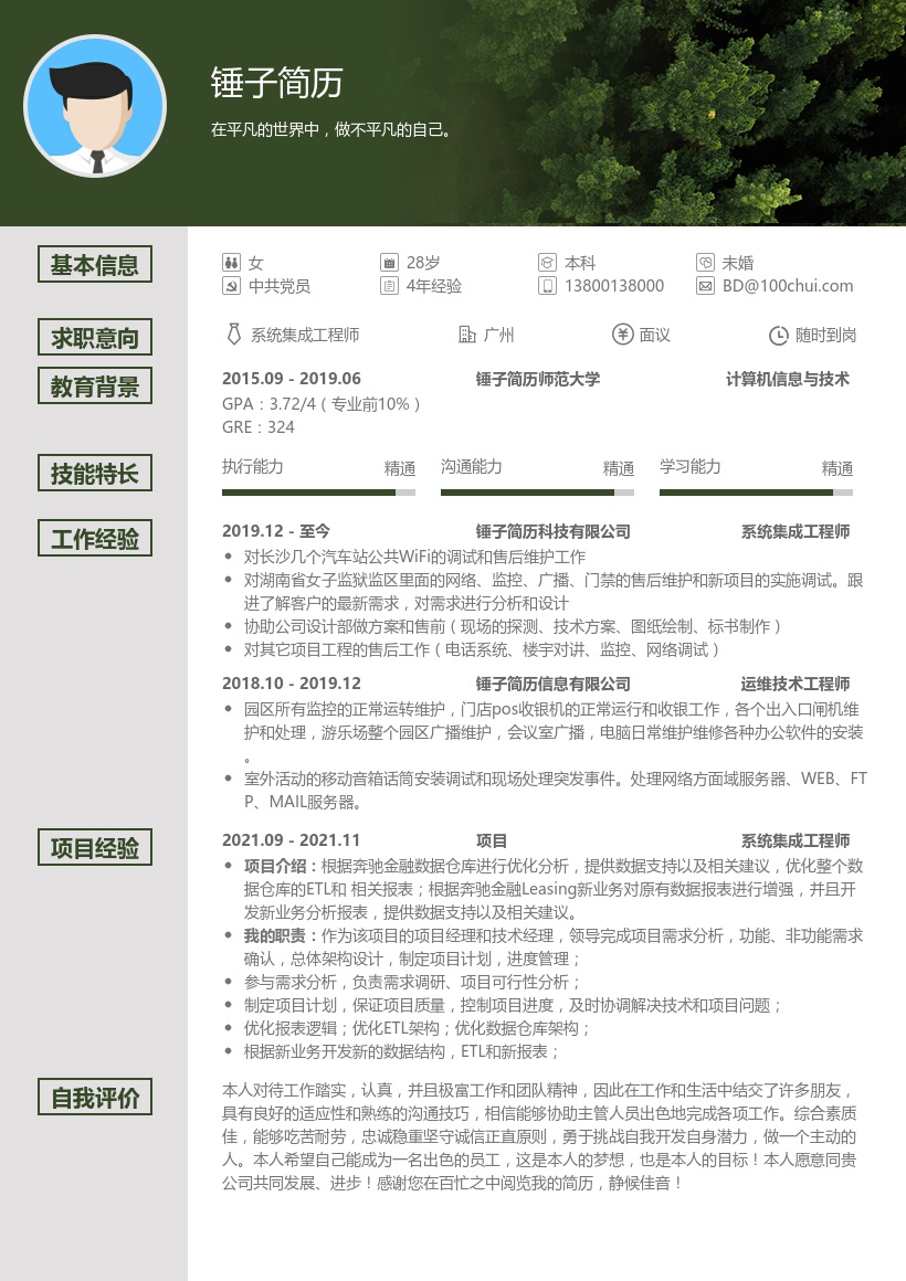 系统集成工程师简历模板