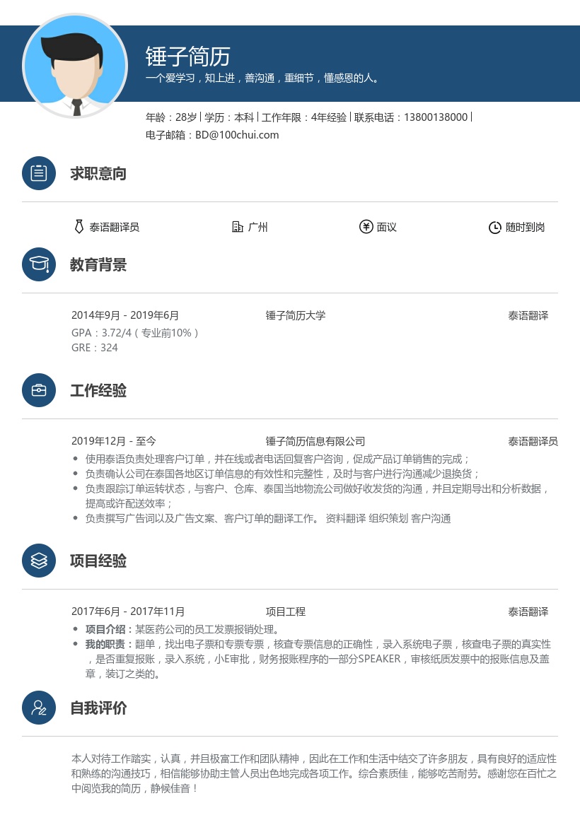 泰语翻译员简历模板