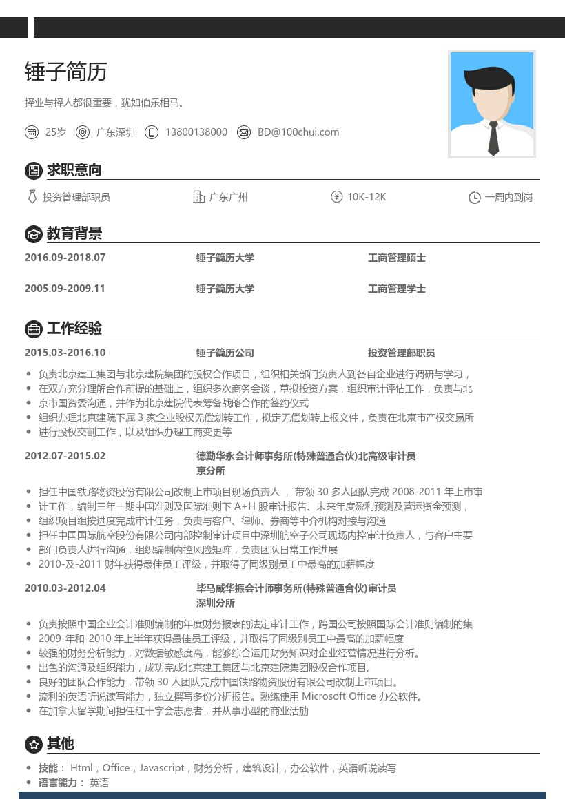 投资管理部职员简历模板