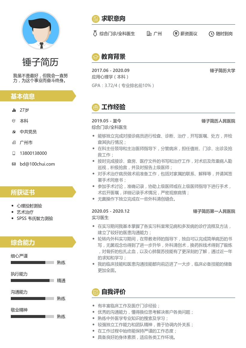 综合门诊/全科医生简历